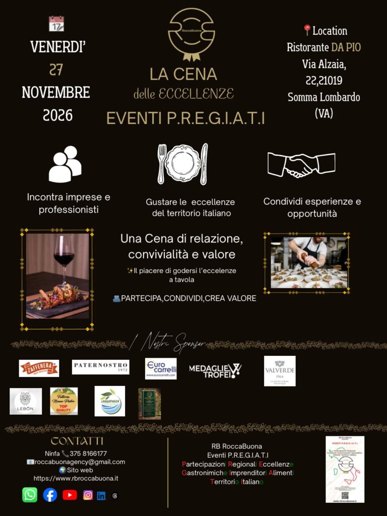 LOCADINA LA CENA DELLE ECCELLENZE 2026- Eventi P.R.E.G.I.A.T.I organizzato da RB RoccaBuona presso Ristorante PIO a Somma Lombardo (VA) Venerdì 27 Novembre 2026